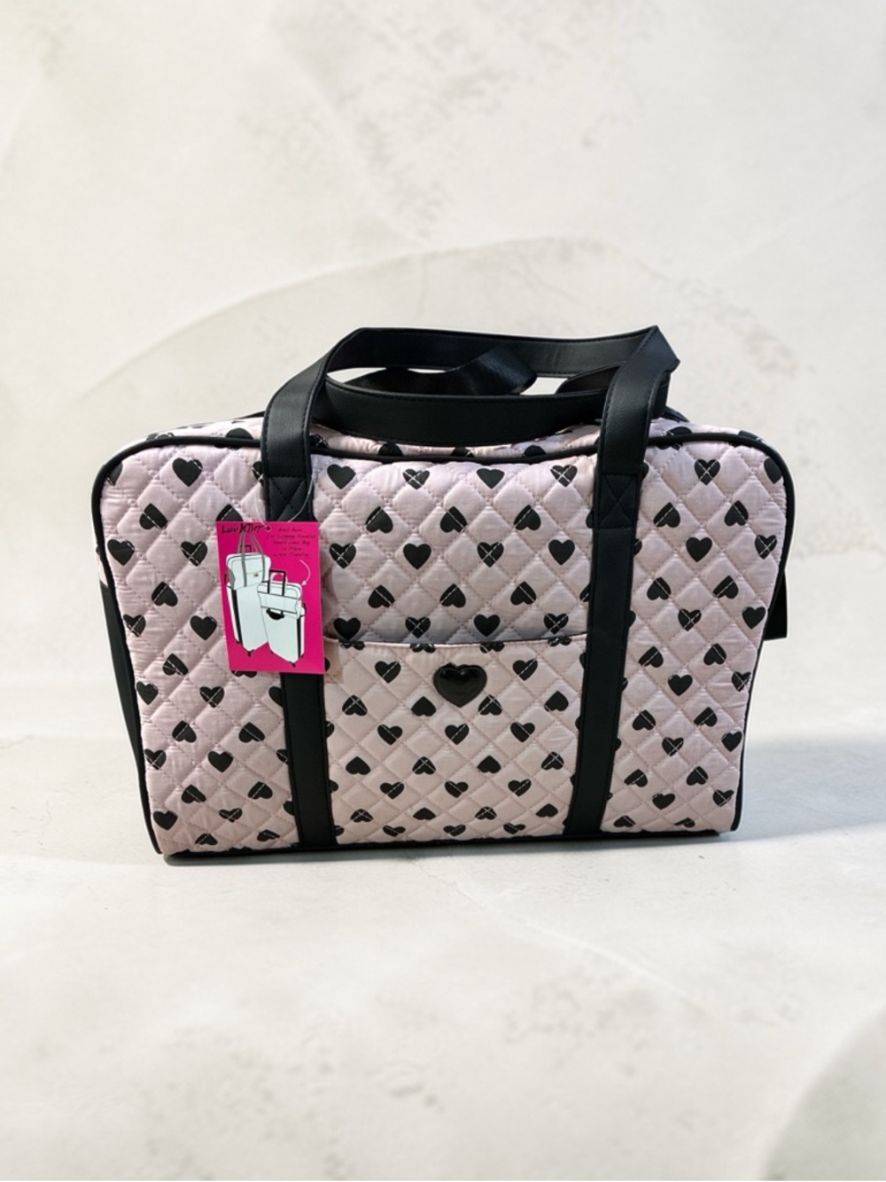 Betsey Johnson Pink Quilted Heart Travel Tote with Black Trim
